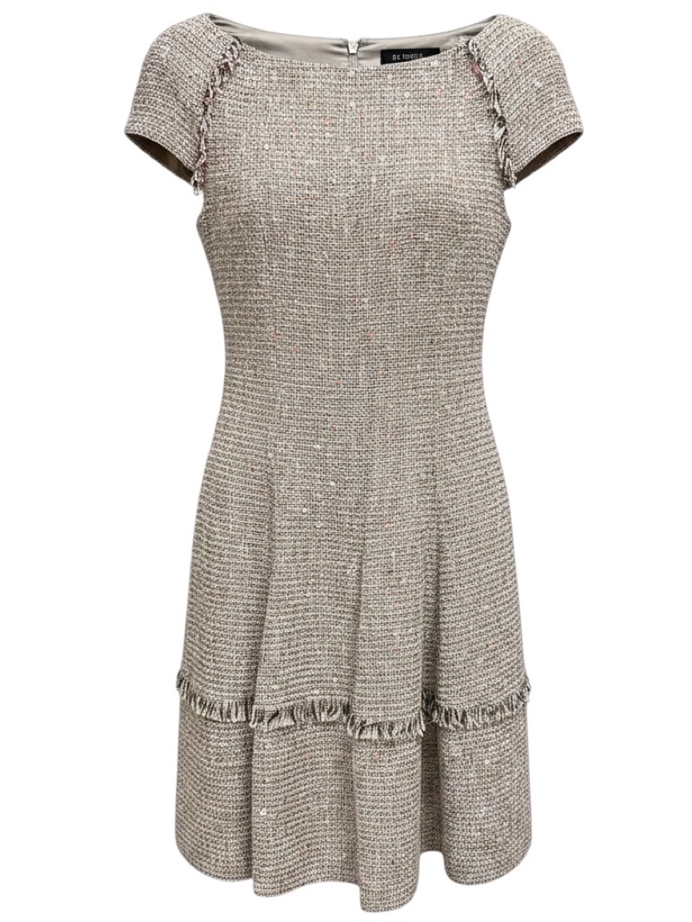 Talbot Runhof White / Pink / Black / Rose Gold Metallic Sequined Tweed Dress